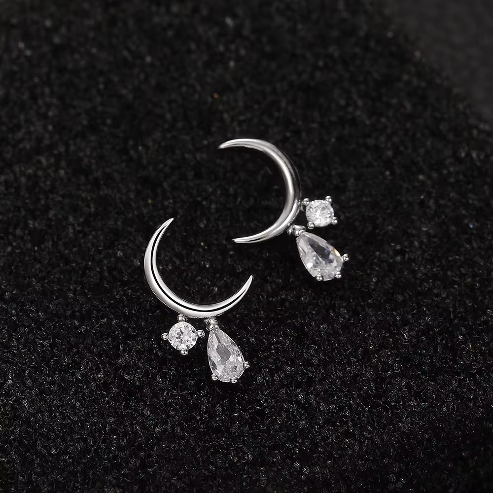 Tiny Silver Crescent Moon Post Back Dangle Earrin… - image 2
